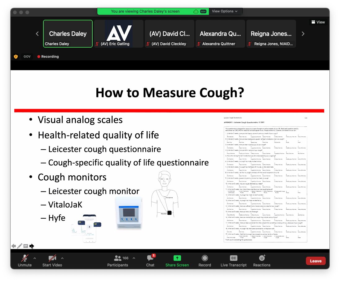 hyfeapp's tweet photo. How to measure cough? An overview by Dr. Charles Daley @NJHealth in the presentation "Outcome measures in clinical trials of #TB: biomarkers, mycobacteriology, intermediate outcomes, and efficacy" @ a Workshop on Therapeutics for Pulmonary NTM Infections.
#Hyfe #AI #Cough https://t.co/1oDFqUlfp6