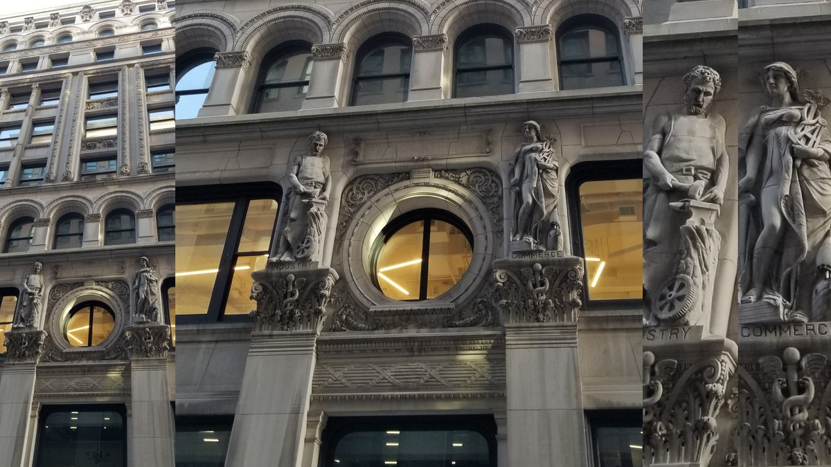 meta_tooth's tweet photo. Commerce and industry together forever. These two lovebirds preside over Arch St from a perch on the International Trust Company Building in Boston, MA. #architecture #bostonma #latergram https://t.co/eq5kTUV3Ll