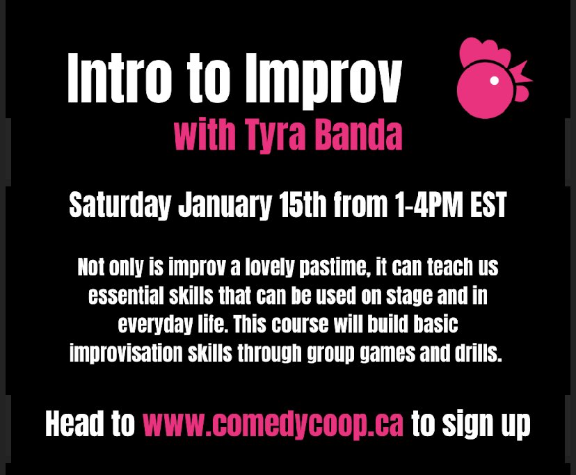 This Saturday- our <a href="/comedy_coop/">Comedy Coop</a> classes resume. Take 1 class or grab all 5 for a great deal. 
If you, or anyone you know is interested in Improv but never tried, check out Tyra Banda’s class.
Coming Up- Solo Storytelling taught <a href="/MelodyAJohnson3/">Melody A. Johnson</a> &amp; myself. #improv #comedycoop