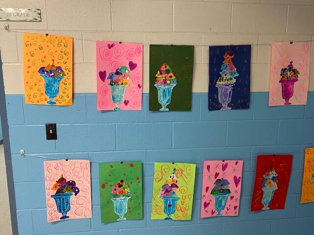 Nwesnh's tweet photo. First grade art students celebrating the cold days of January with some deliciously colorful displays of ice cream sundaes!! #yummyicecream #winterweather #delicious #firstgradeart https://t.co/8cJntjGB5X