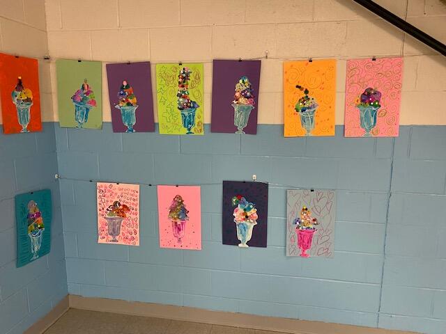 Nwesnh's tweet photo. First grade art students celebrating the cold days of January with some deliciously colorful displays of ice cream sundaes!! #yummyicecream #winterweather #delicious #firstgradeart https://t.co/8cJntjGB5X