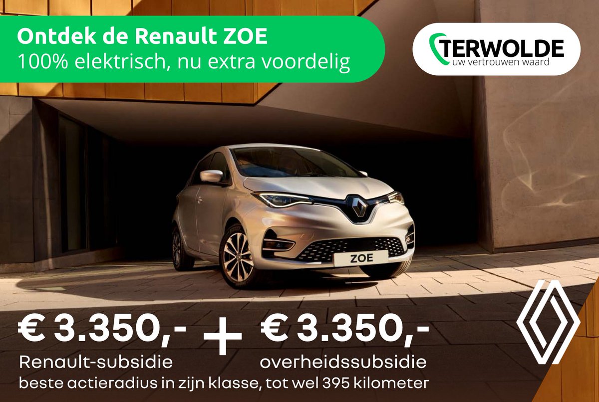 ⚡️ Extra voordelig elektrisch rijden? ⚡️

Profiteer van € 3.350 Renault-subsidie boven op de overheidssubsidie van € 3.350,- bij aanschaf van een nieuwe Renault ZOE! 

Bekijk de Renault ZOE op terwolderenault.nl/renault/elektr…