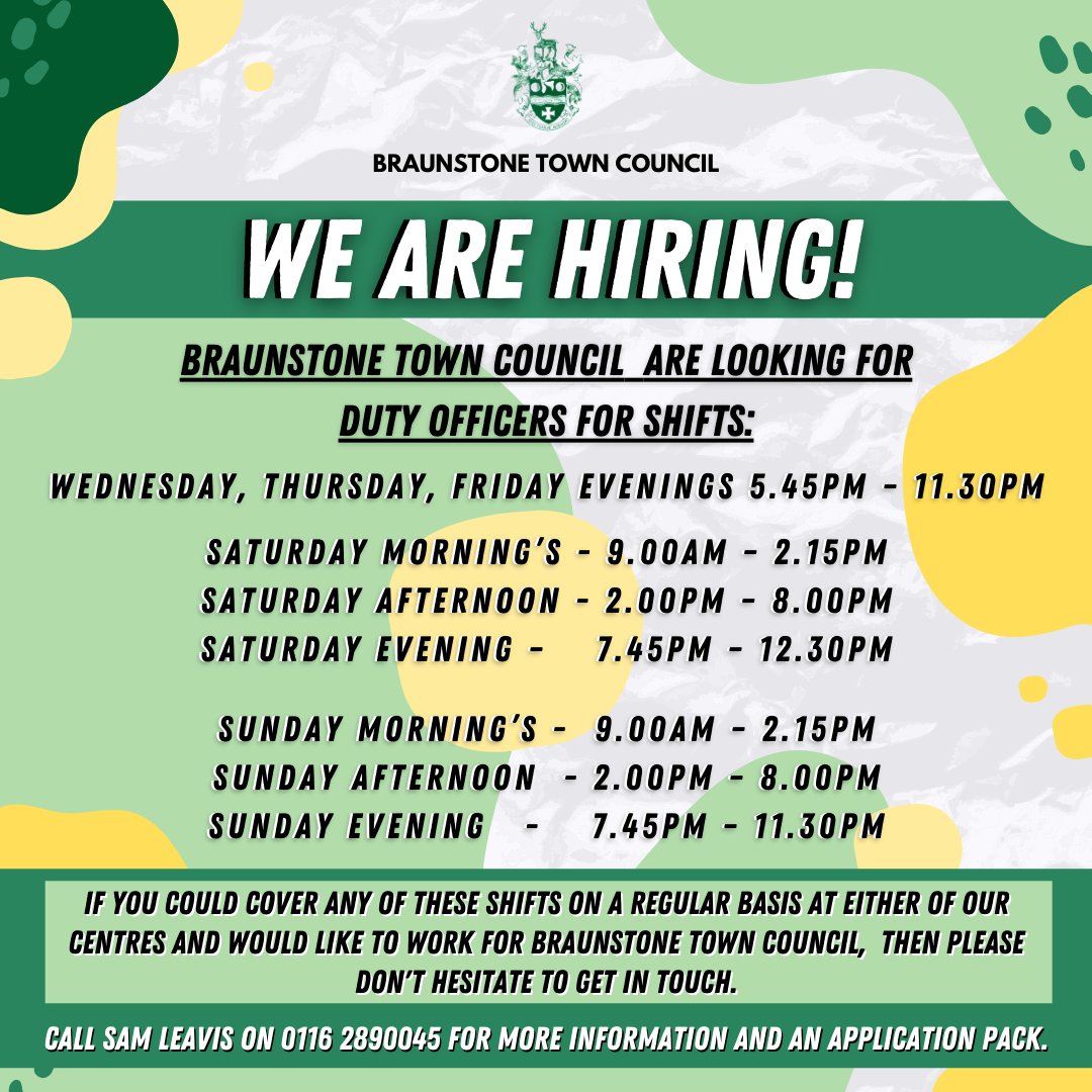 🟢 We are Hiring! 🟢

Braunstone Town Council are looking for Duty Officers! Do you think you could suit the role and hours? If your answer is a yes, then don't hesitate to get in touch now! 🤩

Call Sam Leavis today on 0116 2890045 for more information and an application pack.