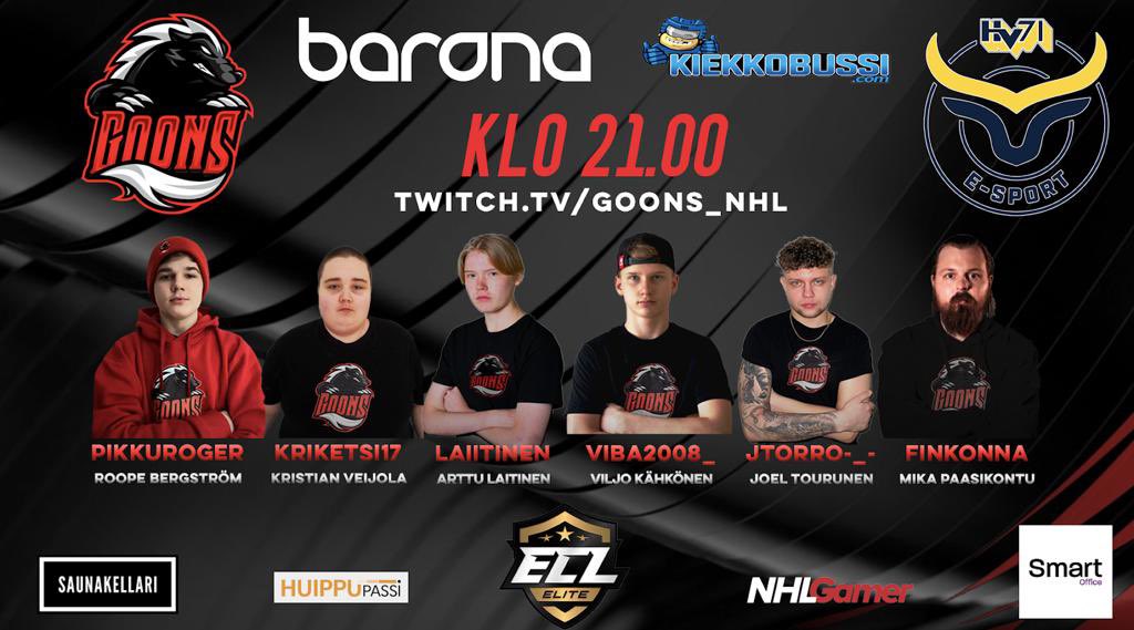 Last matchup of the week!
 
@aitis81 makes his season debut in the commentary box👏

🆚@hv71_eshl 
⏰21.00 EEST
🖥twitch.tv/goons_nhl
🎙@aitis81 

Lineup below⬇️

@NHLGamerCOM #KouvolanLakritsi #MukanaWilhelm #xbil #esports #nhlgamer