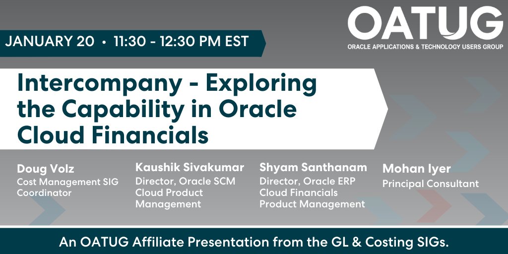 OATUG1's tweet photo. Intercompany (IC) has challenged large organizations for years, but the current version of Oracle Fusion Intercompany shows great promise. Learn more!
Jan 20, 11:30 AM ET
Register: https://t.co/P5ukZ6R4x2
#Oracle #CloudERP #CloudSCM #ERPCloud #SCMCloud https://t.co/vQxLa0wOeh