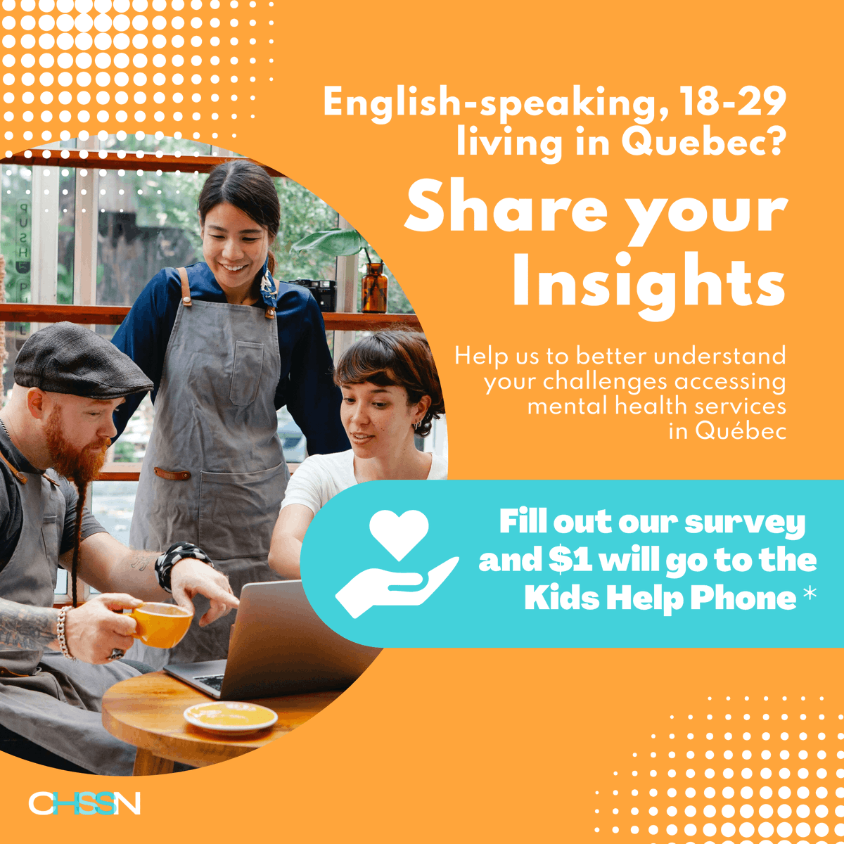 rsb_access's tweet photo. Are you an English-speaking young adult between 18- 29 living in Quebec?
Take the Youth Pulse Check Survey and help gain insights to improve access to mental health services.
For every submission, CHSSN will donate $1 to the Kids Help Phone, up to $500.
https://t.co/0lVOBGueWm https://t.co/jVEAVyyKlr