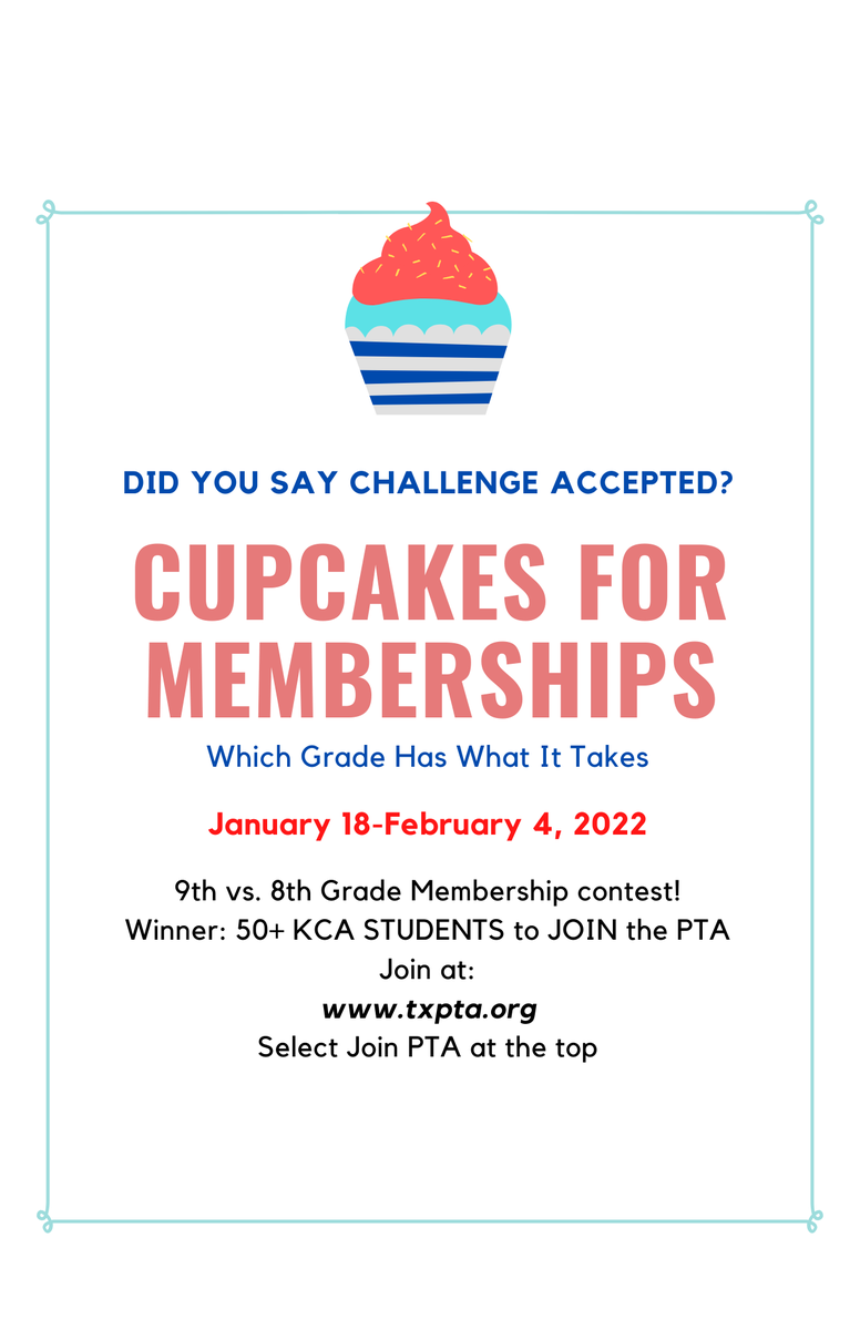 KCA Students, which class has the drive?
A student membership drive is coming up. Which class will have the most students to become part of your PTA! There is a sweet deal ready for the class with the most! Let's get 100%!
