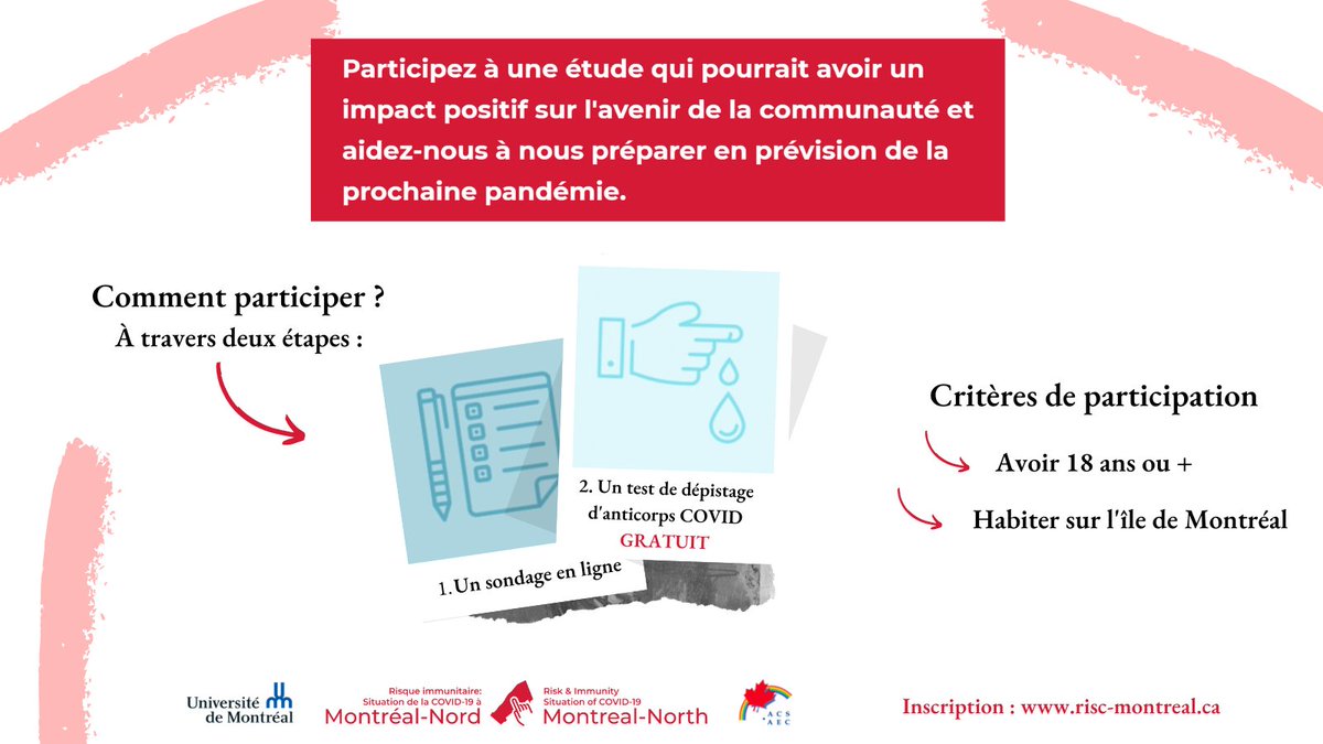 riscmontreal's tweet photo. Vous voulez impacter votre communauté et découvrir votre immunité anti-COVID afin de protéger vos proches ? Participez à notre étude en vous inscrivant au : https://t.co/pCEoB7eIj5

#RiscMontréal | https://t.co/0pXxpIebJa https://t.co/OHsW7v1gC3