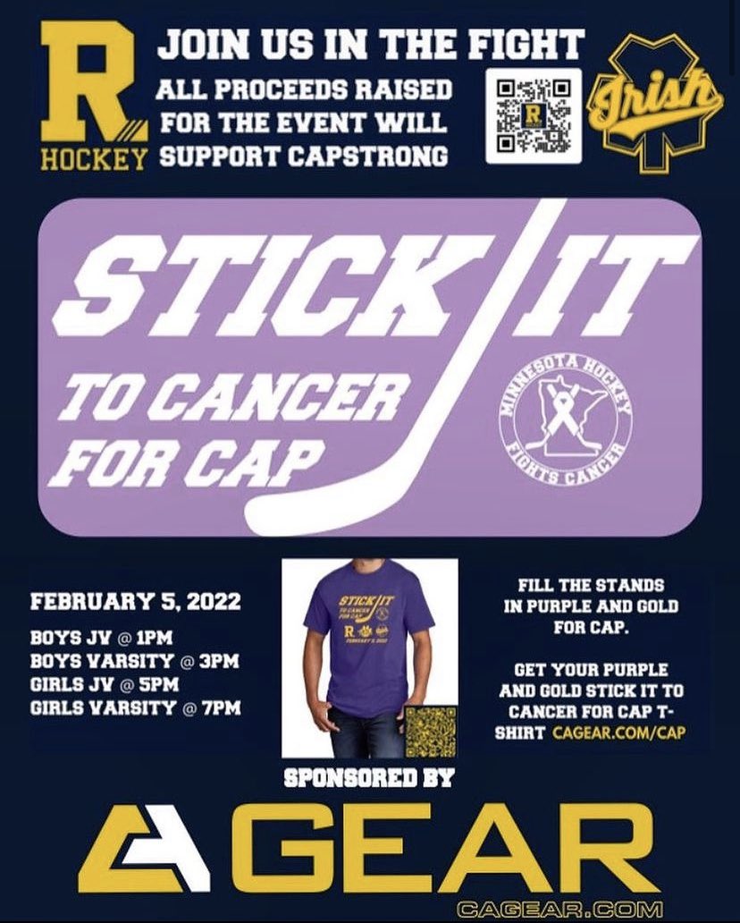 RosemountHockey's tweet photo. Make sure to join us on February 5th when the Irish vs the Tigers. Come out and support us on Minnesota Hockey Fights Cancer Night! Make sure to fill the stands with purple and yellow in support for #capstrong Also buy your T-shirts to support Cap on the CA Gear website! 🍀❤️ https://t.co/zz8Bt5SdLh