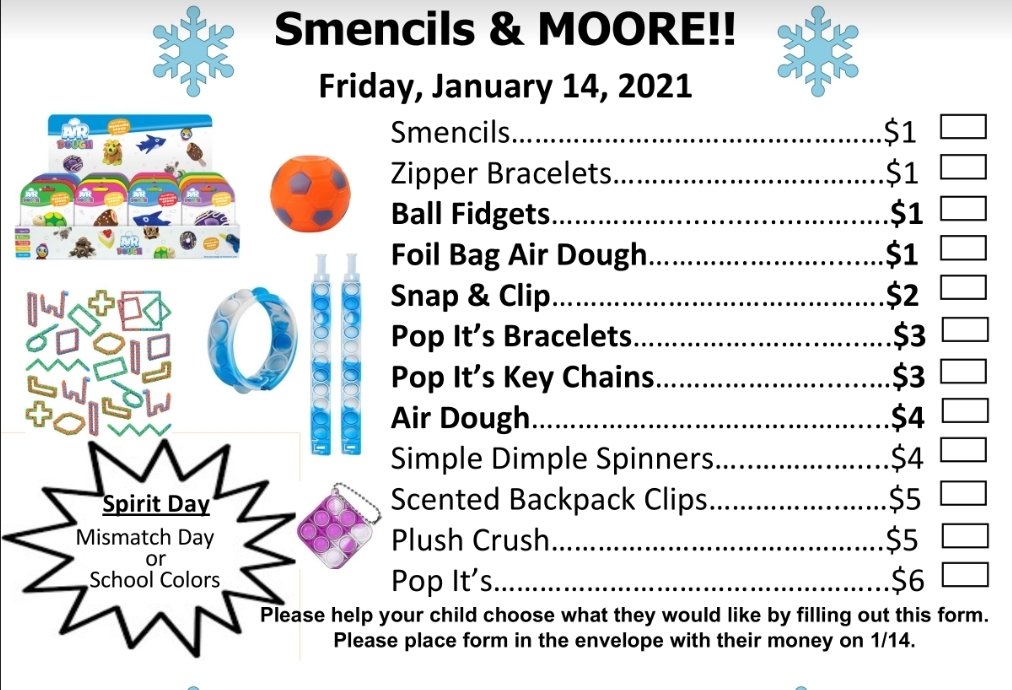 ❄☃️❄ Reminder ❄☃️❄

Tomorrow is our Smencils &amp; Moore sale and Mismatch Spirit Day!

Have your child Mismatch or wear their DP Spiritwear to show their school Spirit!