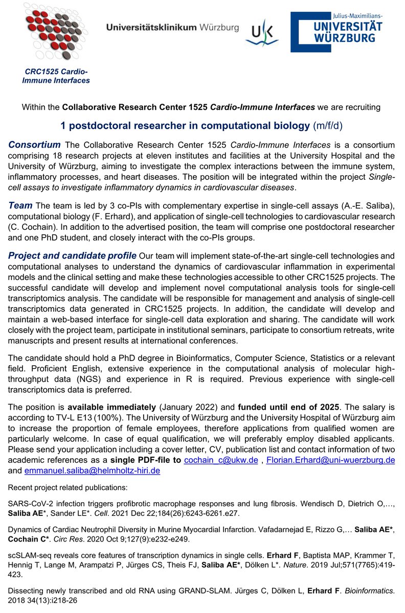 We have 3 open positions in the new Collaborative Research Center 1525 in Würzburg (2 postdoc 1PhD) to apply single-cell & spatial transcriptomics in cardioimmunology projects together with @AE_Saliba & Florian Erhard👇