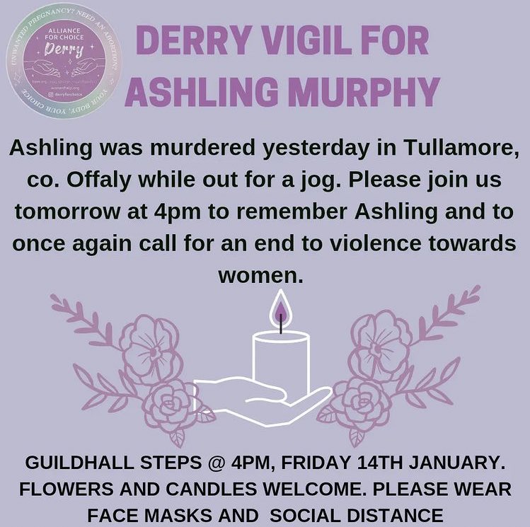 bethanysmm's tweet photo. Ashling Murphy vigils happening in the North 💜

Derry 4pm - Guildhall Steps
Belfast 4pm - City Hall 
Online option 4.30pm in solidarity with Women’s Council Ireland and their vigil happening at the Dàil  

#AshlingMurphy https://t.co/6YvbLjiD9x