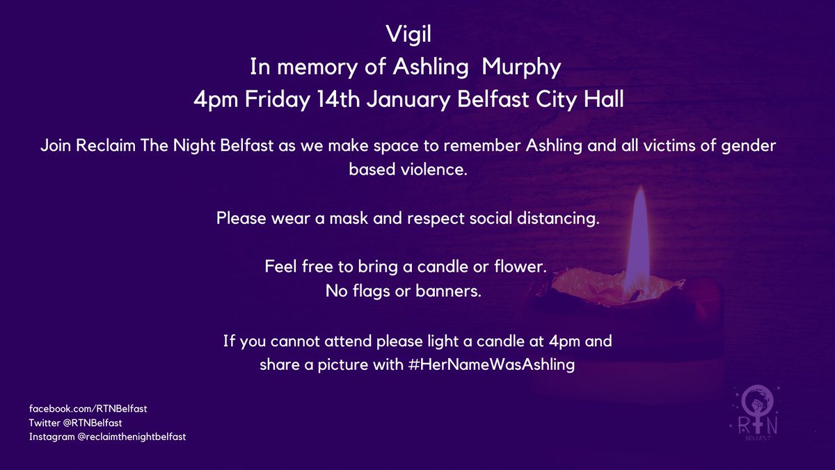 bethanysmm's tweet photo. Ashling Murphy vigils happening in the North 💜

Derry 4pm - Guildhall Steps
Belfast 4pm - City Hall 
Online option 4.30pm in solidarity with Women’s Council Ireland and their vigil happening at the Dàil  

#AshlingMurphy https://t.co/6YvbLjiD9x
