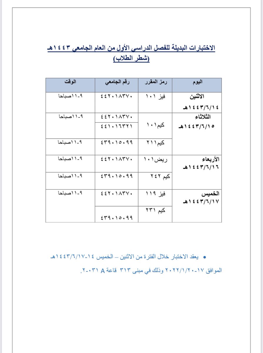 IMSIU_Science's tweet photo. طلابنا الأعزاء… مرفق لكم جدول الاختبارات النهائية البديلة للفصل الدراسي الأول من العام الجامعي ١٤٤٣هـ.
مع تمنياتنا بالتوفيق. https://t.co/O4LIvNhf63