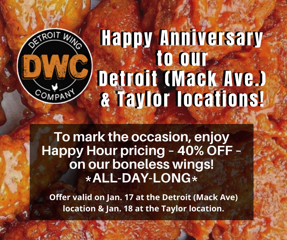 We’re marking ONE year at our Mack Ave. location in Detroit, and THREE years at our location in Taylor!
 
Join us in celebrating with ALL-DAY Happy Hour pricing, at each location, on the following days:
- Monday, Jan. 17 – Detroit (Mack Ave.) 
- Tuesday, Jan. 18 – Taylor