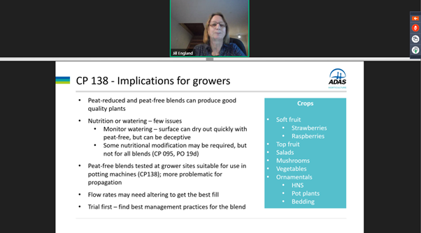 LizzieSagoo's tweet photo. Jill England @ADASGroup presenting results from @AHDB_Hort project CP138 which showed that peat reduced and peat free blends can produce good quality plants #peatfree #GreenDialogues @RSKGroup https://t.co/r5KyiAqHqb