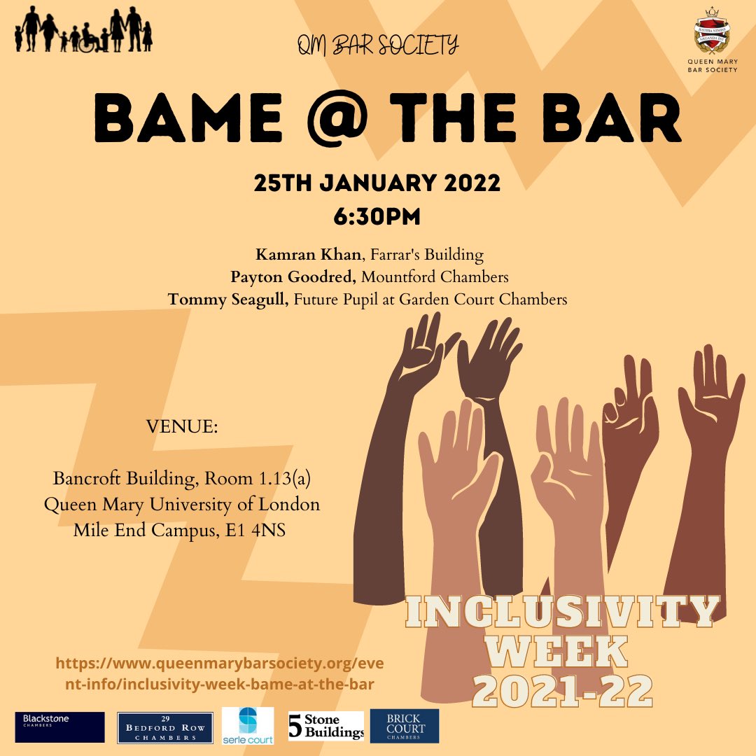 We have our ‘BAME at the Bar’ panel on January 25th, at 6:30pm. Our panellists will speak about their experiences of pursuing a career in law, and the greater need for representation.
<a href="/Kamran_Khan21/">Kamran Khan</a>, Payton Goodred &amp; <a href="/tommyseagull/">Tommy Seagull</a> 

RSVP: lnkd.in/gqu6BV7r