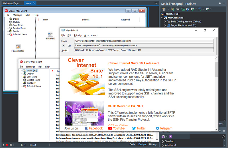 CleverComponent's tweet photo. Recently we have published an E-mail sending example that uses TMS RichEditor to edit HTML content.
Check out yet another example that uses the TRichView components to do the same job. Also, the app scans received messages using the ClamAV antivirus👍
https://t.co/MtU4V9GhVO https://t.co/m0ADay6SDK