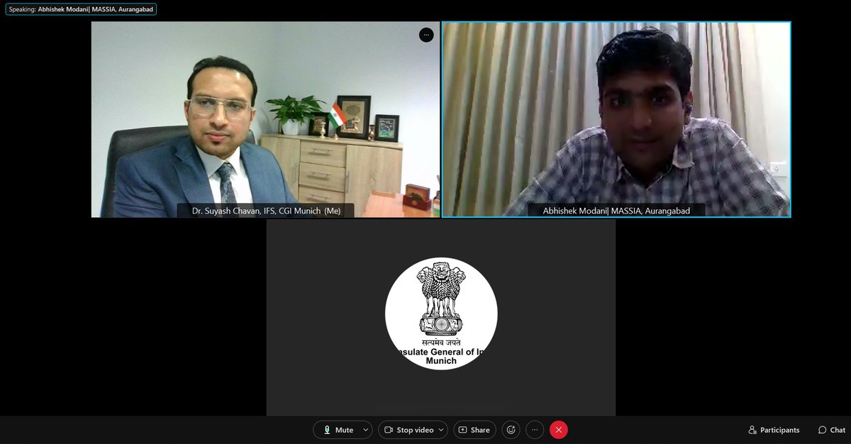 cgmunich's tweet photo. Focus on #MSME - Consul @Suyash_Diplomat discussed business &amp; investment promotion with Marathwada Association of Small Scale Industries &amp; Agriculture. @Massiaifc represents 1200+ MSMEs in the fast-growing #Marathwada region of MH.
#IndiaGermany #MakeInIndia  #atmanirbharbharat https://t.co/HWz8OsmNFW