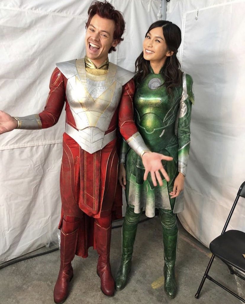 HarryNiallNews's tweet photo. Harry and Gemma Chan in their Eternals costumes! https://t.co/j2QrxJypKH