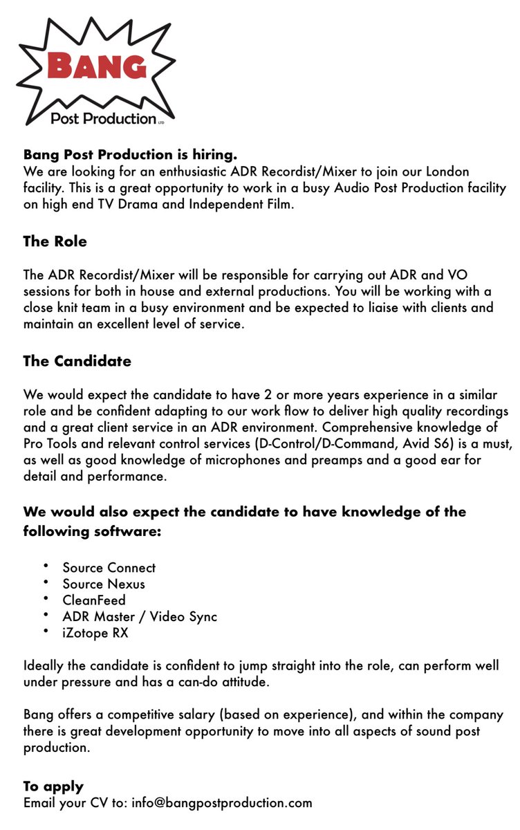We are hiring!! Looking for an ADR Mixer for our London facilities to work alongside our talented team there. See below for details