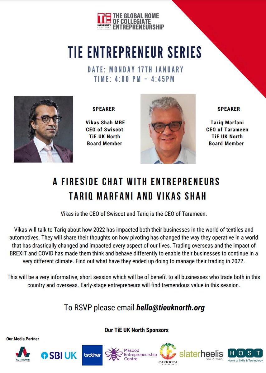 Dr. Vikas Shah MBE DL (@mrvikas) on Twitter photo On Monday at 4pm, Iāll be interviewing @tariqmarfani for <a href="/tieuknorth/">TiE UK North</a> - a serial entrepreneur who has had a phenomenal, global career - get yourself registered here by emailing hello@tieuknorth.org On Monday at 4pm, Iāll be interviewing @tariqmarfani for <a href="/tieuknorth/">TiE UK North</a> - a serial entrepreneur who has had a phenomenal, global career - get yourself registered here by emailing hello@tieuknorth.org