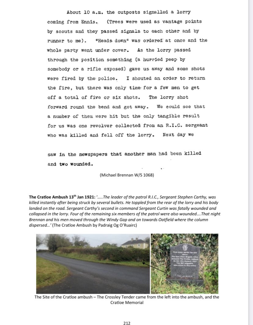 101years ago today , the East Clare IRA ambushed a patrol of Black and Tans travelling between Ennis &amp; Limerick at Cratloe Moyle. Two RIC officers Sgt Stephen Carty and Sgt Jeremiah Curtin were killed in the attack . The following shows OC Ml. Brennan’s account of the ambush.