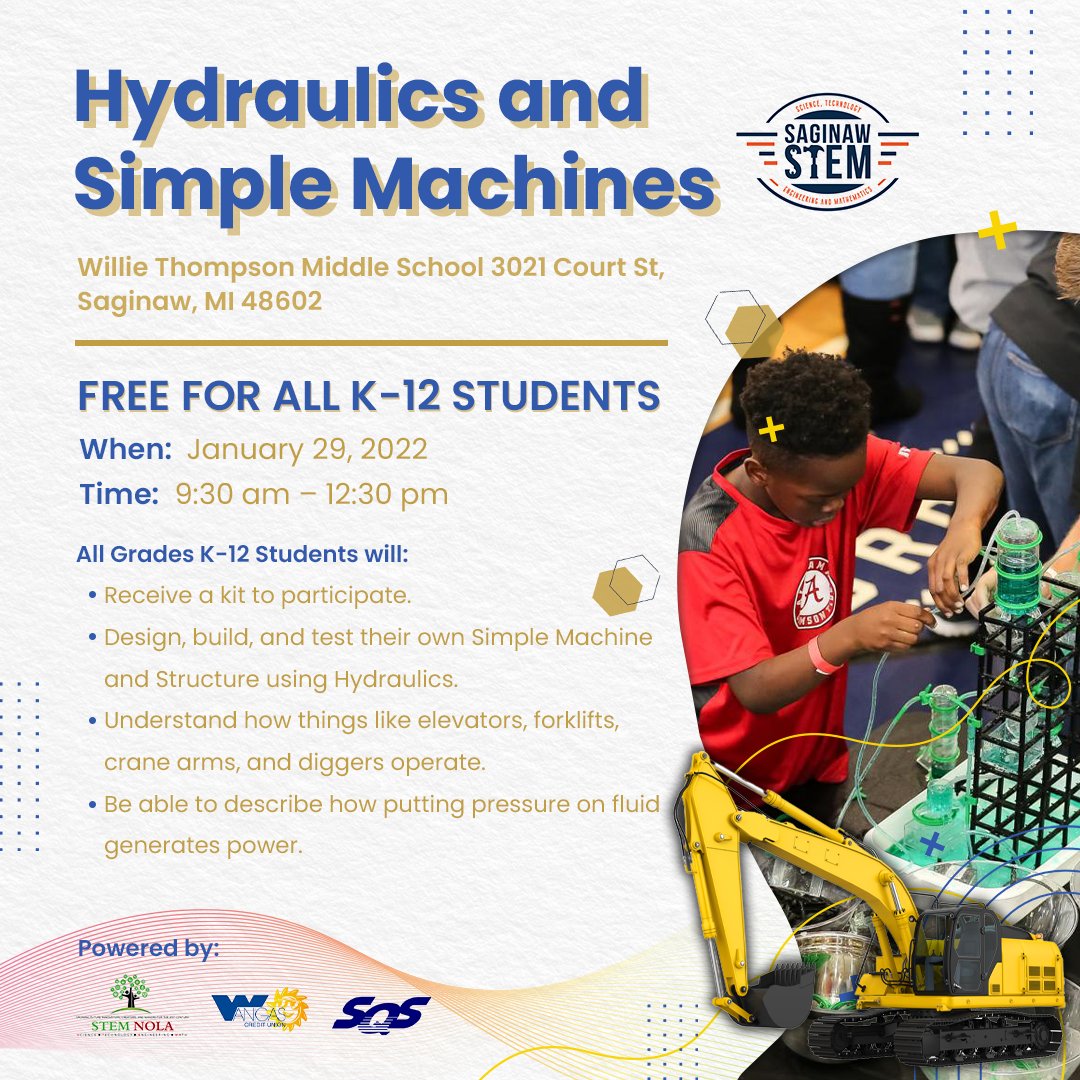 WanigasCU's tweet photo. Do you have a son or daughter with a passion for science, technology, engineering, and math? If so, Saginaw S.T.E.M. will be hosting their first S.T.E.M. event of the year for Kindergarten through 12-grade students.
Learn more and Register at https://t.co/CbChoOmLtw https://t.co/MZbluyk4xx