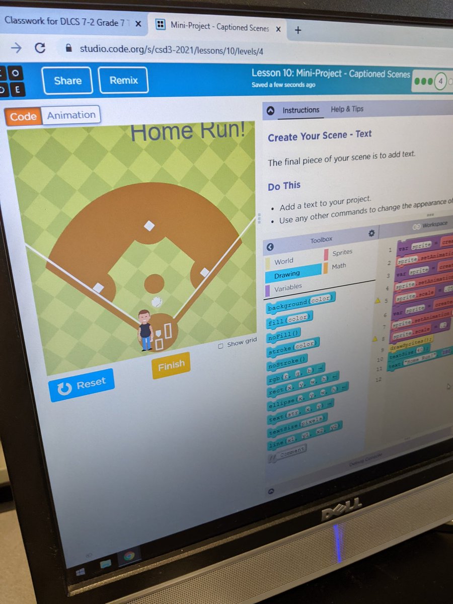 MrsRiolo's tweet photo. Grade seven used code lab to create a scene with a background, two sprites and a text block today! They were so creative and we all had a blast! #goDolphins #csforall #dlcsforall @codeorg 🐬😷💚🖥️🖱️ https://t.co/85Xee0ZUbO