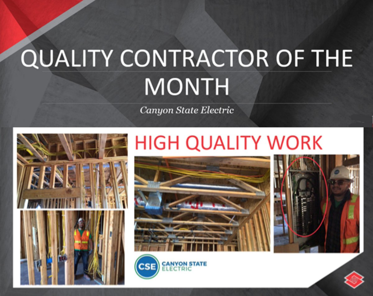 CanyonStateElec's tweet image. Canyon State Electric is Quality Contractor of the Month of December @Sundt Construction “due to their excellent quality and craftsmanship roughing in building C - Royal Oaks project - along with the continued emphasis on quality from their general foreman Justin Lewis.”