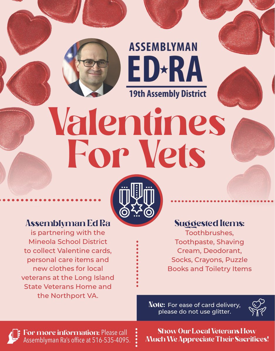 Mineola UFSD is collaborating with Assemblyman Ra to benefit veterans. Please consider contributing to our district-wide initiative by sending needed items to school with your child. <a href="/mineolahs/">Mineola High School</a> <a href="/Hampton_Street/">Hampton Street</a> <a href="/Jackson_Ave/">Jackson Ave School</a> <a href="/MeadowDriveElem/">Meadow Drive School</a> <a href="/MineolaMS/">Mineola Middle School</a> <a href="/EdwardRa19/">Assemblyman Ed Ra</a>