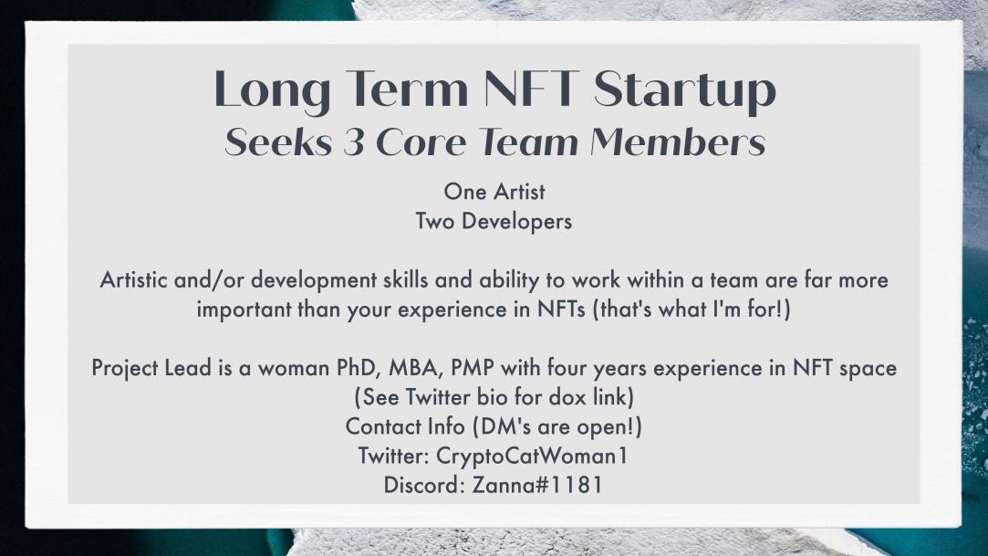 ZannaIsZanna's tweet photo. >4 yrs later (in NFTs), &amp; dissertation behind me, it's time  to bring a team together for our own project. Team of 3 seeks 3. We will be ethical, professional, doxed, &amp; equal. 

If interested, shoot me a dm (Discord preferred--Zanna#1181).

#Artist #Developer #NFTs #NFTCommunity https://t.co/tjouk2urf2