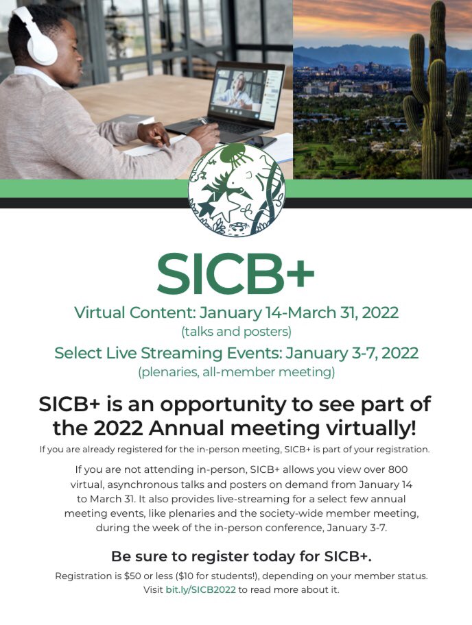 SICB (@sicb_) on Twitter photo It’s not too late to register for SICB+ and join #SICB2022 virtually! Registration includes access to over 800 talks and posters on demand from January 14-March 31. It’s not too late to register for SICB+ and join #SICB2022 virtually! Registration includes access to over 800 talks and posters on demand from January 14-March 31.