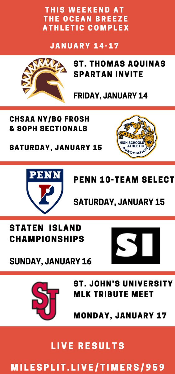 A loaded weekend of track and indoor this weekend at the Ocean Breeze Athletic Complex!!

Friday - <a href="/STACSpartans/">STAC Spartans</a> Invite
Saturday - <a href="/CHSAA_NYC/">CHSAA</a> &amp; <a href="/PennTrack/">Penn Track & Field/XC</a> 
Sunday - SI Championships
Monday - MLK Tribute Meet, hosted by <a href="/StJohnsTFXC/">St. John's  XC/T&F</a> 

Live results: milesplit.live/meets/456174