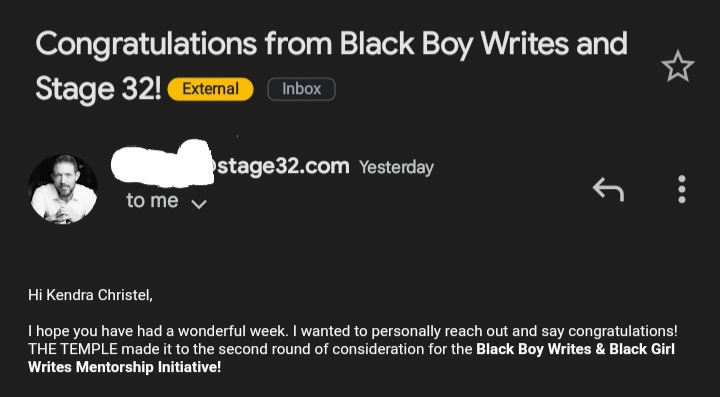 Well, well, well...If it ain't 2022 starting off right. So much appreciation of @Stage32 and @blackboywrites for reading my words and thinking 'Yes. More of this'. #blackboywrites #blackgirlwrites #TheTemple #VoodooLikeVernier