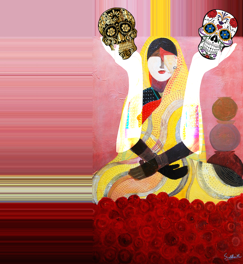 Indian {Mona} Lisa Series  (100 paintings)
by Sid K

"Skulls for Tomatos" 2022, Sid Katragadda
3200 × 3264 px acrylic/ink/digital painting 

The Indian {Mona} Lisas is a series of 100 Indian Style Abstract Portraits  that took 15 years to make.