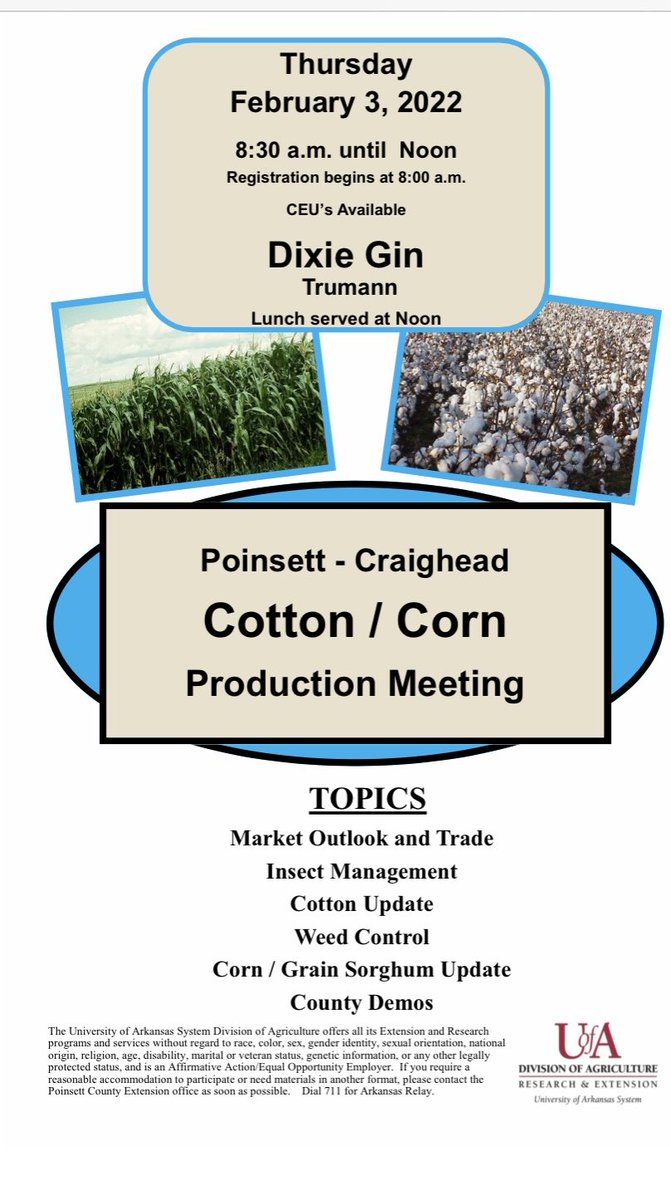Come join us for a morning of great information about cotton and corn production in Trumann.