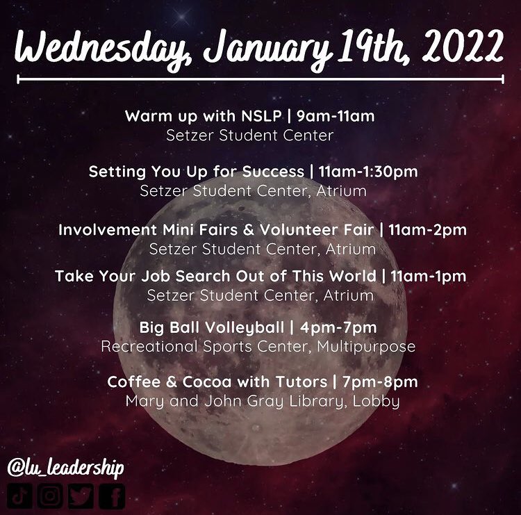 LU_Leadership's tweet image. Are you ready for a week of great events? Welcome Back Week is just one week away, so here is a sneak peek at some of our events!

See you soon, Cards! #peckem #lu