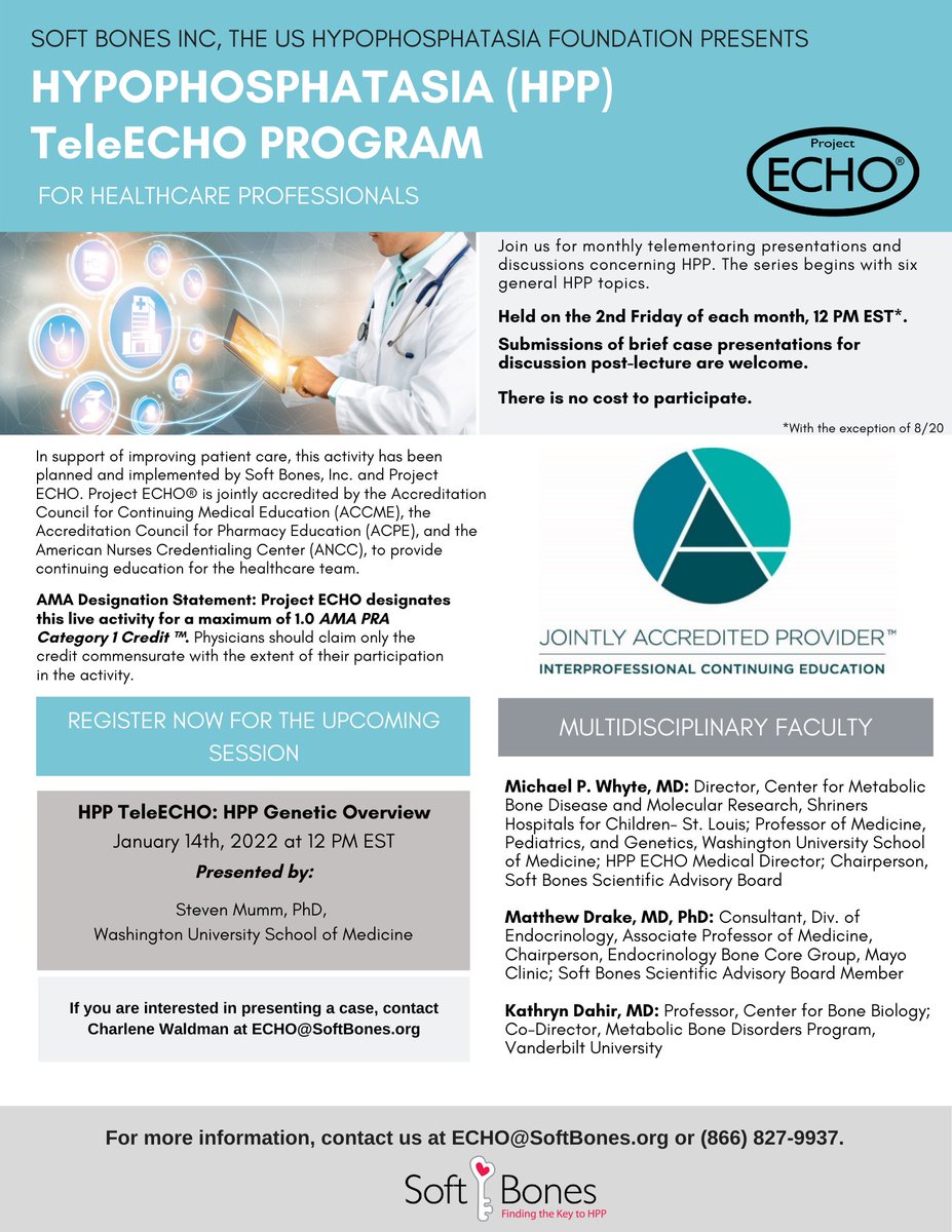 SoftBonesHPP's tweet photo. TOMORROW, all clinicians are invited to join Steven Mumm, PhD, Washington University School of Med for a presentation on #HPP #Genetics at 12pm EST presented by #SoftBones &amp; @ProjectECHO. For more info or to register: https://t.co/7n4m8IRAqE https://t.co/ygXla10jXR