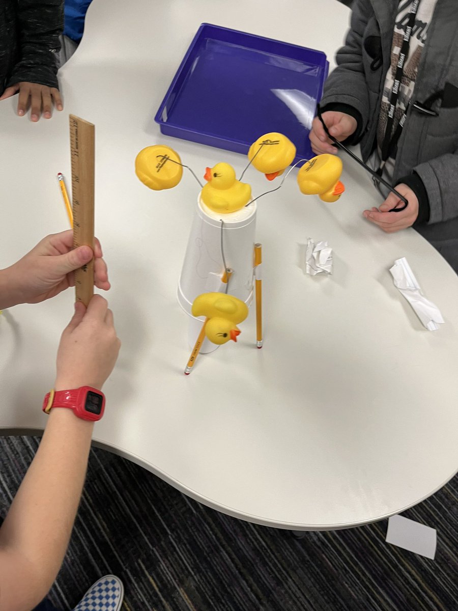 KimMossGT's tweet photo. Having fun in the Challenge Lab this morning using the design thinking process to build structures that can support RUBBER DUCKS ten inches off the table! #MISDProud @LMiller_Elem https://t.co/iBNxoplDMM