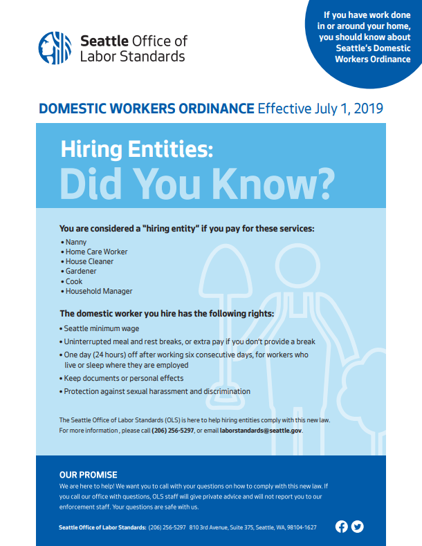 OLS_SEA's tweet photo. DWO Thursday! If you hire a nanny, house cleaner, home care worker, gardener, cook, and/or household manager you're considered a Hiring Entity and have responsibilities under Seattle's Domestic Workers Ordinance. Learn more https://t.co/3iALMkTRzC
#SeattleDWO #HonorDomesticWork https://t.co/YLnKbSwuck
