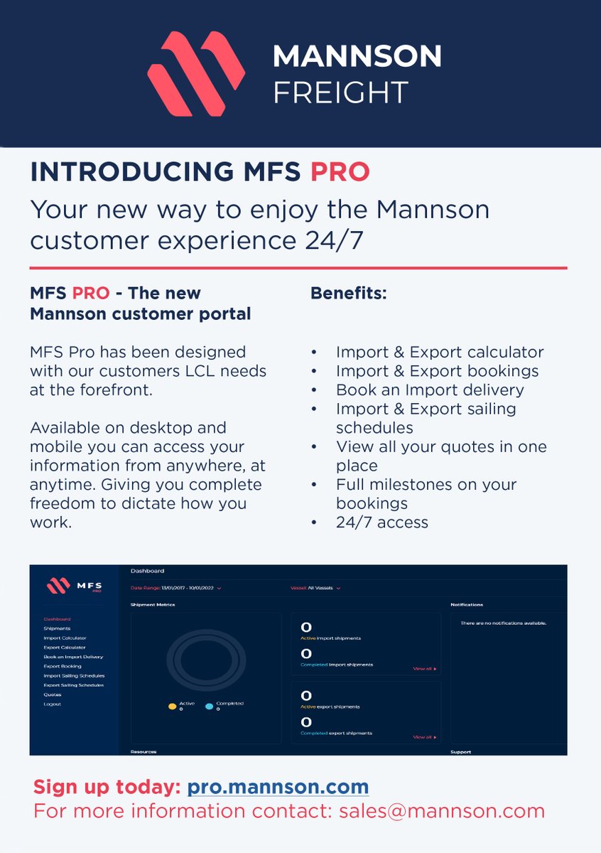 MannsonFreight's tweet photo. The new Mannson Freight Services Limited customer portal is now live. The team have worked so hard to bring the Mannson customer service to the next level by allowing you to access rates, schedules and so much more 24/7. Not registered yet? visit: https://t.co/7E4CPeWWaM
#MFSPro https://t.co/8nwYEwjRW0