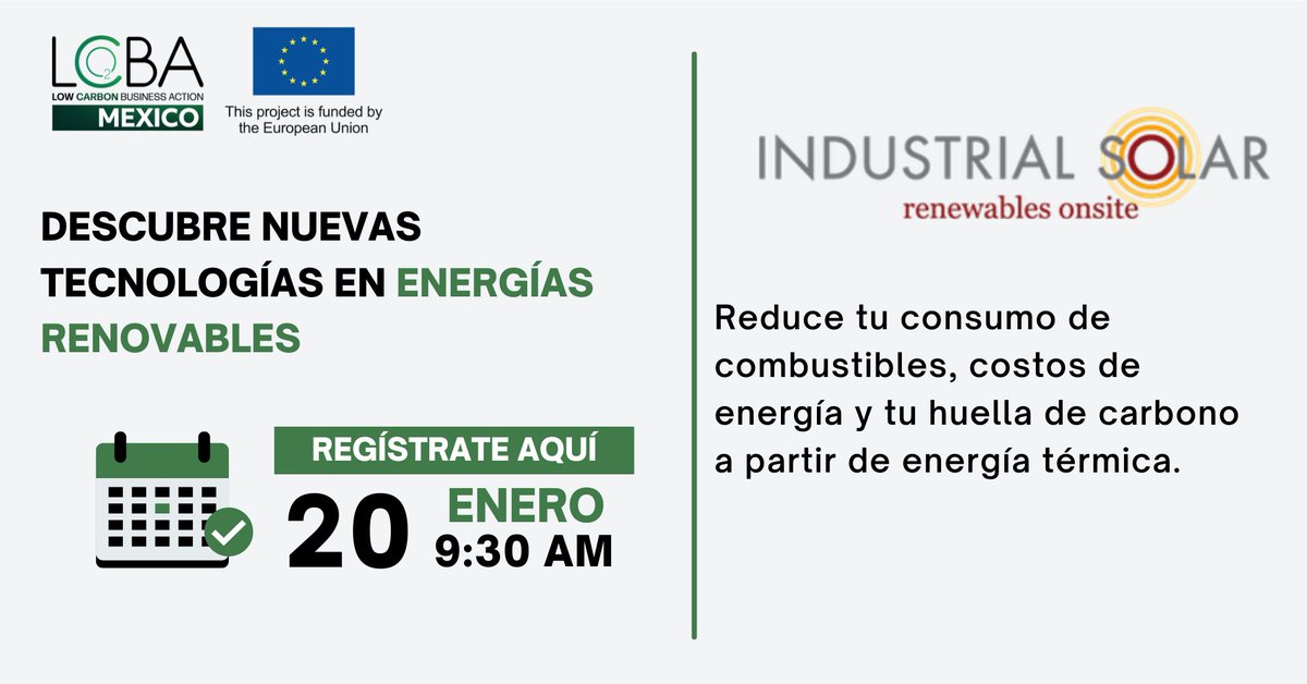 ¿Quieres reducir tu consumo de energía y contaminantes en tus procesos actuales? 

@IndustrialSolar ofrece soluciones a la medida de energías renovables y eficiencia energética. 

Regístrate y conoce mucho más. 
bit.ly/RenewableEnerg…

#LCBA #EUForeignPolicy #EconomíaCircular