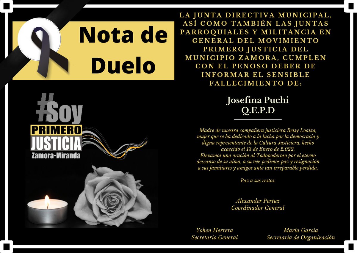 Primerojzamora's tweet photo. Los justicieros de Zamora se unen al duelo en luto activo por la desaparición física de la madre de nuestra compañera @betsyta04 quien contribuye en nuestra lucha en @Pr1meroJusticia desde siempre, nuestras palabras de consuelo en este momento para su familia y amigos. https://t.co/VGsAjgkDl1