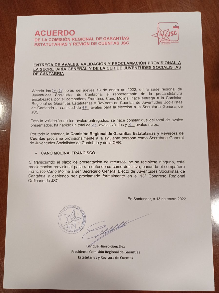 JSCantabria's tweet image. ENTREGA DE AVALES, VALIDACIÓN Y PROCLAMACIÓN PROVISIONAL DEL SECRETARIO GENERAL ELECTO DE JSC.

Tras la entrega, recuento y validación de avales la Comisión Regional de Garantías proclama provisionalmente a @francano_ como Secretario General Electo de @JSCantabria.

¡Enhorabuena!
