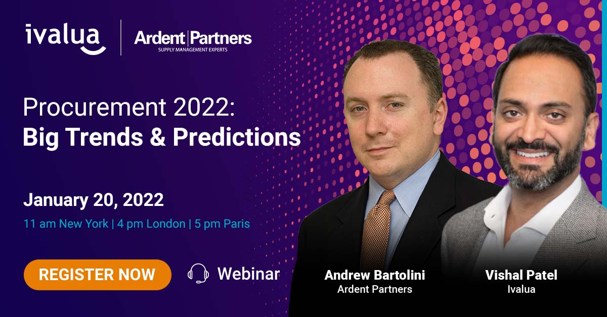 Our webinar with <a href="/ardentpartners/">Ardent Partners</a> is coming closer!

Join us on  𝟮𝟬𝘁𝗵 𝗝𝗮𝗻𝘂𝗮𝗿𝘆, 𝟭𝟭𝗮𝗺 𝗡𝗲𝘄 𝗬𝗼𝗿𝗸, 𝟰𝗽𝗺 𝗟𝗼𝗻𝗱𝗼𝗻, 𝟱𝗽𝗺 𝗣𝗮𝗿𝗶𝘀 

Register here: hubs.ly/Q0126mjK0

#supplychain #procurement #procurementtrends