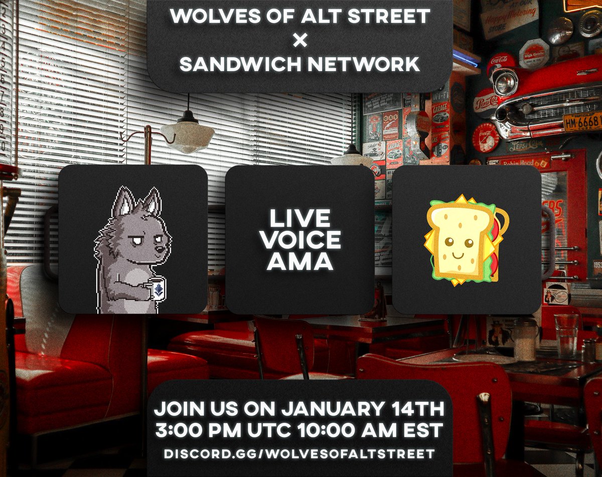 WolvesAltStreet's tweet image. 🚀Live Voice AMA with 
@NetworkSandwich

Sandwich network is the definite hub to start a cryptocurrency project! 

🗓️January 14th, 2022
⏳3 PM UTC / 10 AM EST
🐺discord.gg/wolvesofaltstr… 

$150 AMA rewards. See you tomorrow! 🥪
#Crypto #Bitcoin  #cryptocurrency