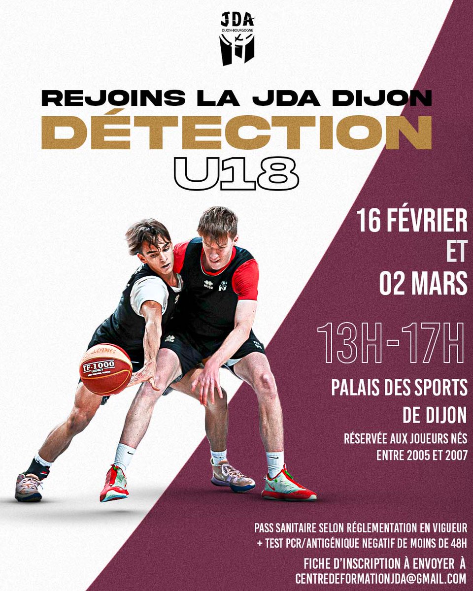 𝐑𝐞𝐣𝐨𝐢𝐧𝐬 𝐥𝐚 𝐉𝐃𝐀 𝐃𝐢𝐣𝐨𝐧 🌟

Le club organise deux journées de détection pour intégrer l'équipe U18.

📄 La fiche d'inscription est à compléter
 ➡ bit.ly/3Fpwag9

#MyJDA #Dijon