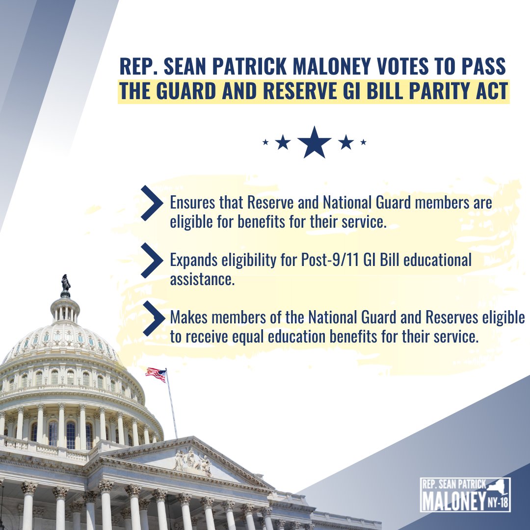 The Hudson Valley has a proud history of military service. As its Representative, it was my privilege to vote for the Guard and Reserve GI Bill Parity Act this week, which ensures National Guard and Reserve Members get the GI benefits they've earned. #EveryDayInUniformCounts