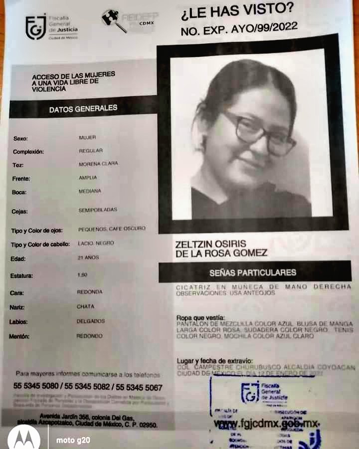 Nahualas_fem's tweet photo. 🛑ZELTZIN DESAPARECIO EL 12 DE ENERO AFUERA DEL METRO #TAXQUEÑA AL PARECER, TRAS ABORDAR UN #UBER🛑
‼️Tiene cicatriz en muñeca derecha y usa anteojos
‼️Viste pantalón de mezclilla azul, blusa de manga larga color rosa, sudadera negra, tenis negros y mochila azul claro
#SEBUSCA https://t.co/JRXKh6woSn